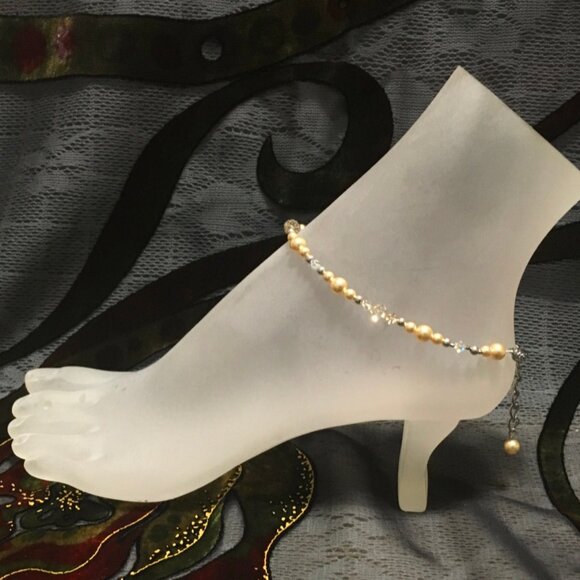Hand-Crafted Lt Gold Swarovski Pearls w/Golden Shadow Swarovski Crystal Anklet - Picture 1 of 3